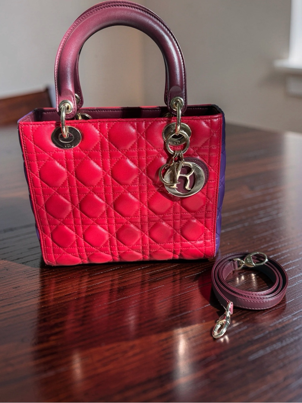 Authentic - CHRISTIAN DIOR Lambskin Lady Dior Medium Tri-Color Purse